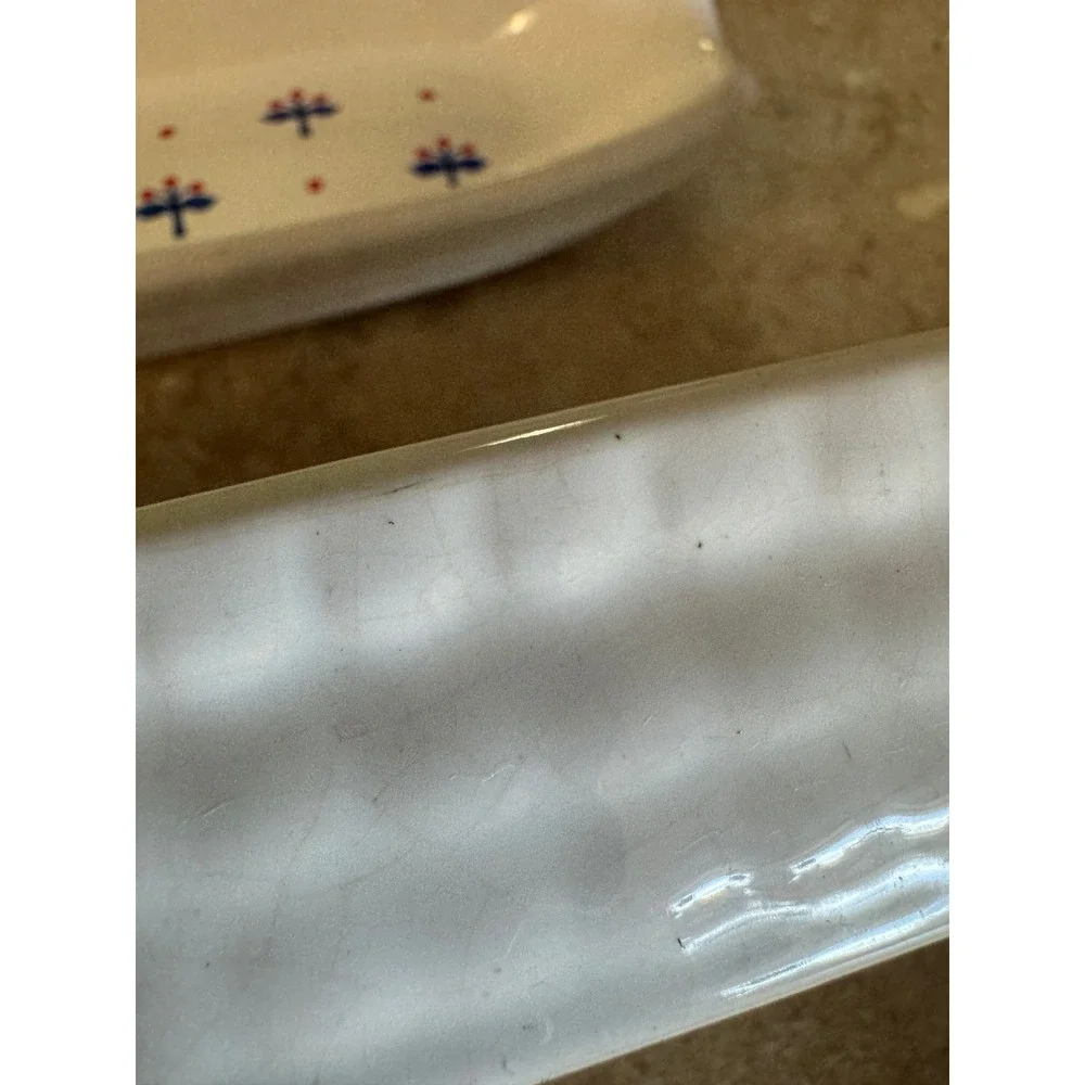 Vintage Ceramic Corn on the Cob Dishes Set of‎ 2 Blue Tree Red Berry Folk Art